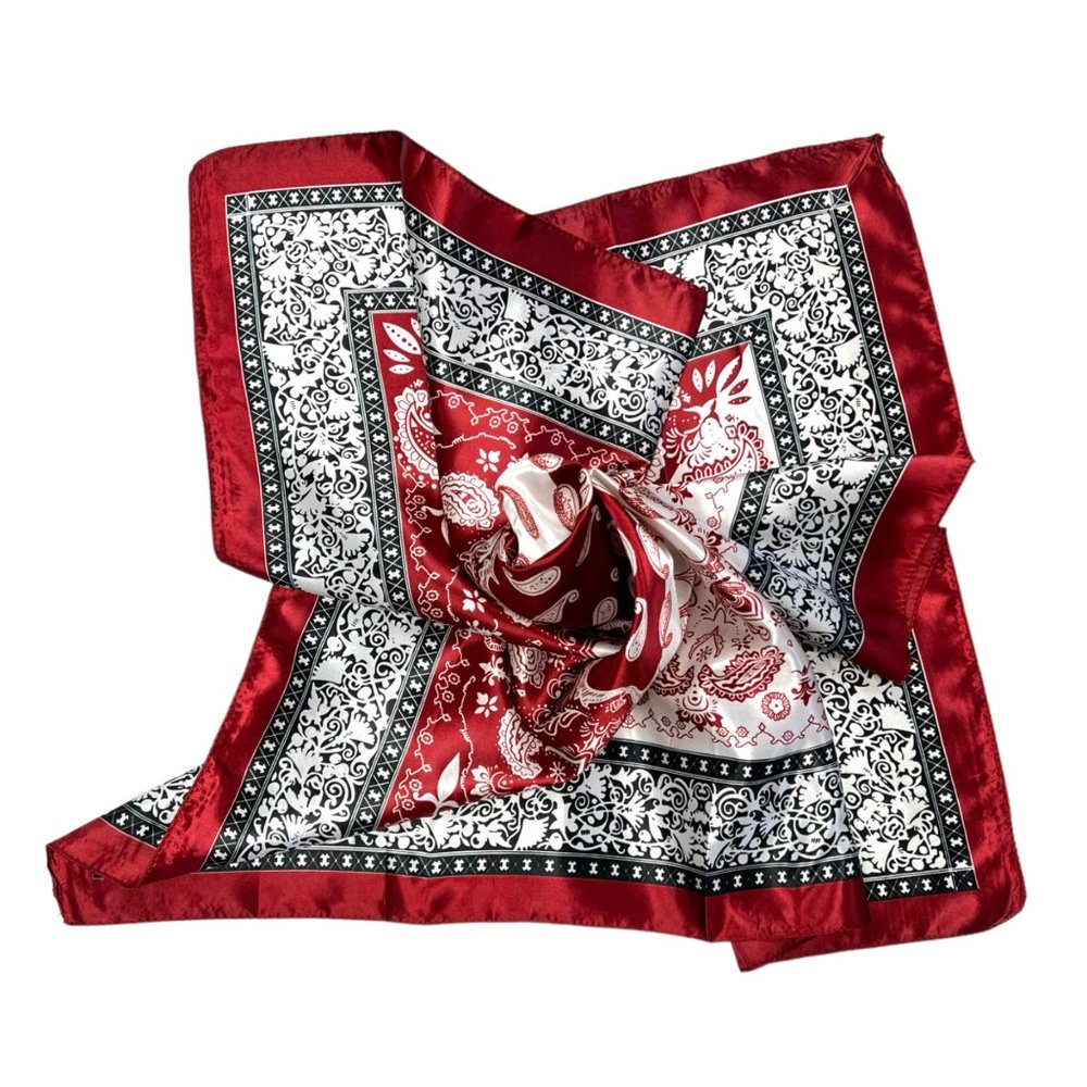 NEW Burgundy Ivory Paisley Floral Printed Square Silky Scarf Wrap - Picture 9 of 9